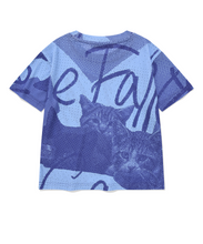 將圖片載入圖庫檢視器 FALLETT Cat Print 印刷貓貓藍色短版T恤