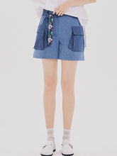 將圖片載入圖庫檢視器 CCOMAQUE 腰帶裝飾雙口袋藍色短褲