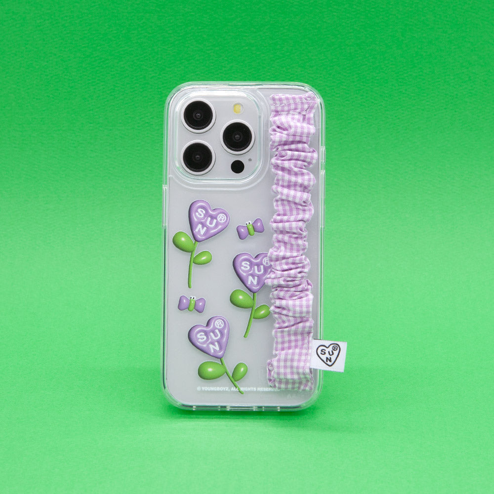 SECOND UNIQUE NAME 紫色花花格紋指套透明手機殼